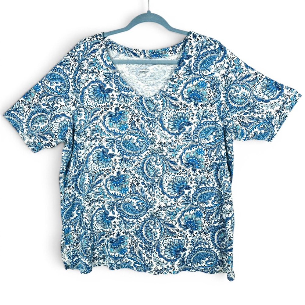 J. Jill Pima V-Neck Top Woman 2X Slub Elbow Sleeve Tee Blue White Paisley Floral